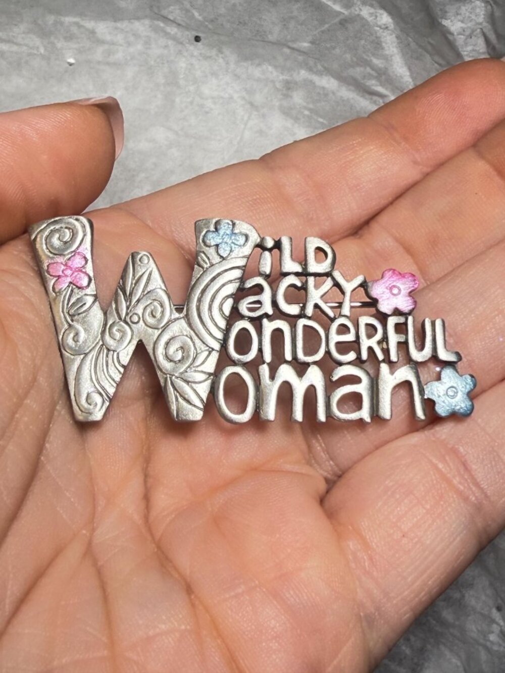 Wild Wacky Wonderful Woman Brooch JJ Vintage Floral Word Pin 2.25 inches